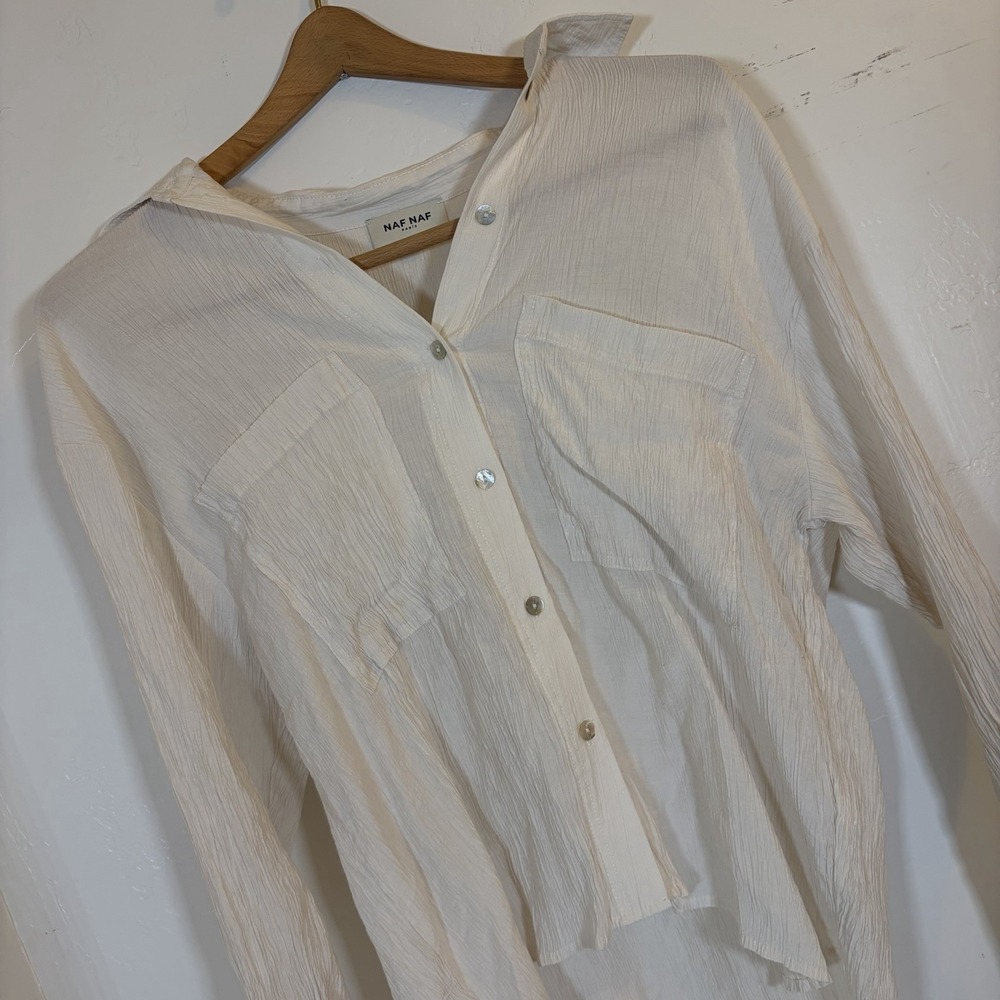 Naf Naf Paris Minimalist Womens S White Textured Gauze Button Down Long Sleeve‎